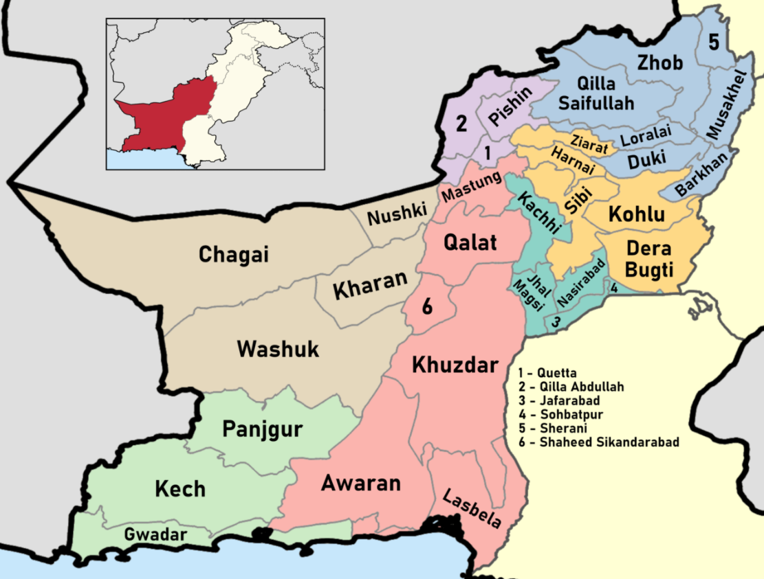 Map highlighting the districts of Balochistan, Pakistan